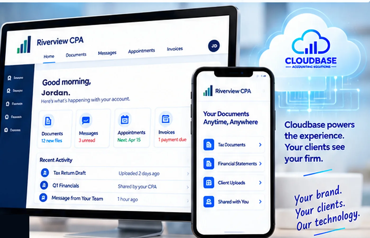 Riverview CPA branded client portal on a monitor and phone