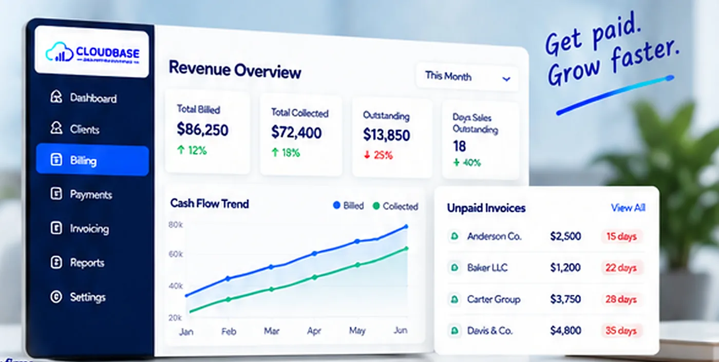 Cloudbase Revenue Overview with cash flow trend and unpaid invoices