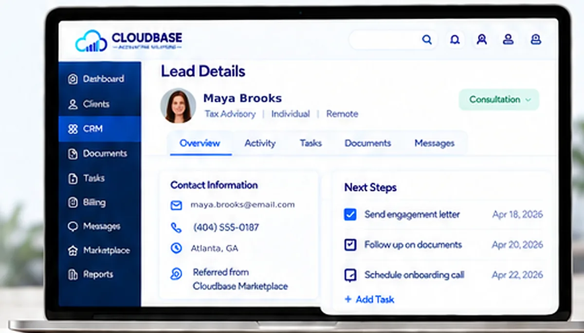 Cloudbase lead details for Maya Brooks with contact information and next steps