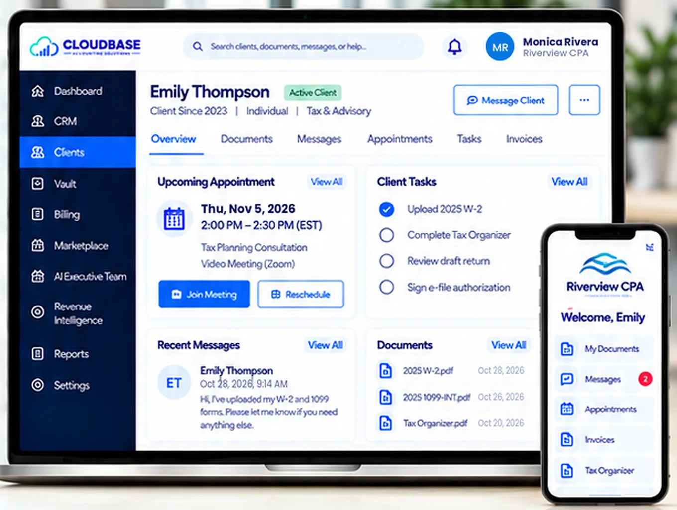 Cloudbase client workspace for Emily Thompson with appointments, tasks and documents