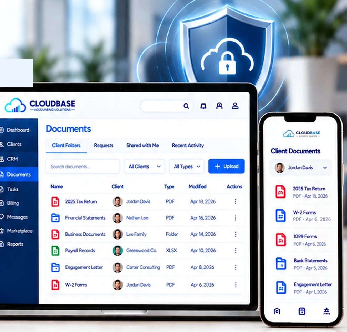 Cloudbase Documents screen with client folders and files on a laptop and phone
