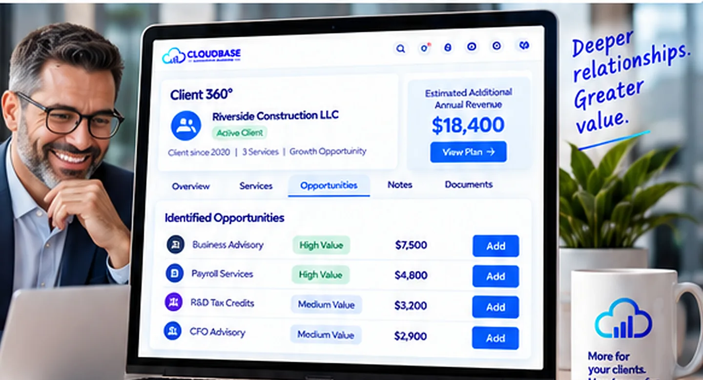 Accountant reviewing a Client 360° view with identified revenue opportunities
