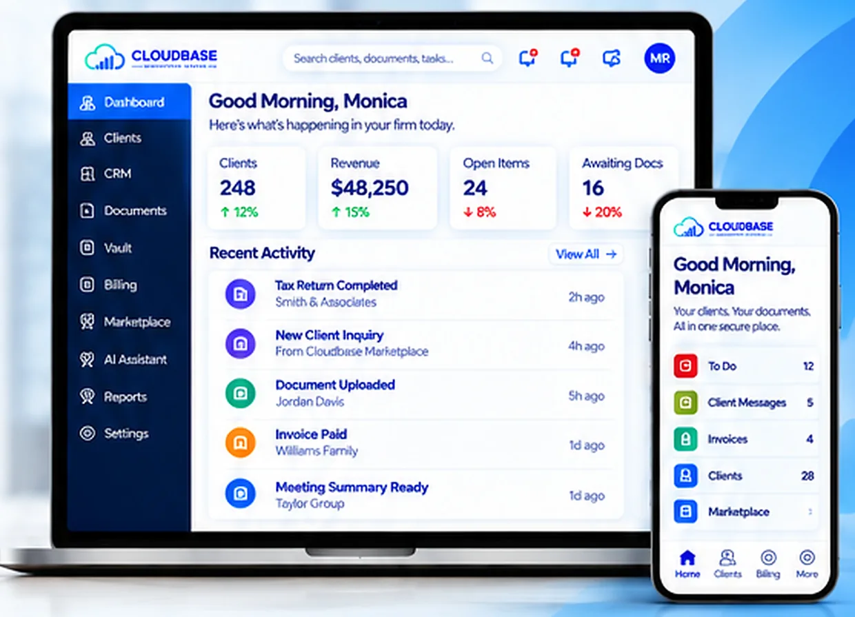 Cloudbase dashboard greeting Monica with clients, revenue and recent activity on a laptop and phone