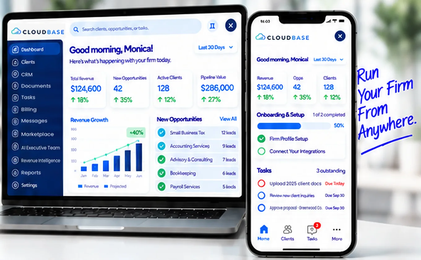 Cloudbase dashboard on a laptop and phone greeting Monica with revenue, opportunities and tasks