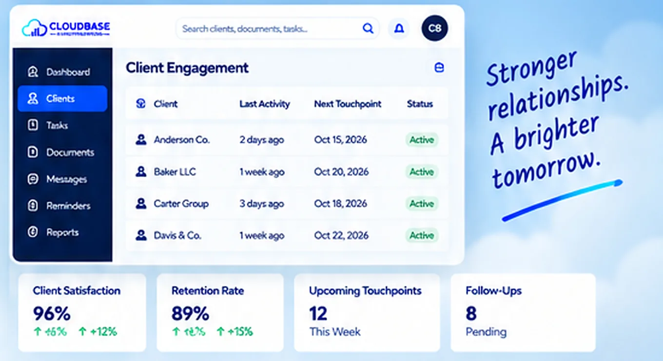 Cloudbase Client Engagement list with retention and touchpoint figures