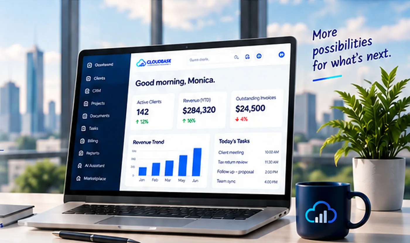 Cloudbase dashboard greeting Monica with revenue trend and today’s tasks