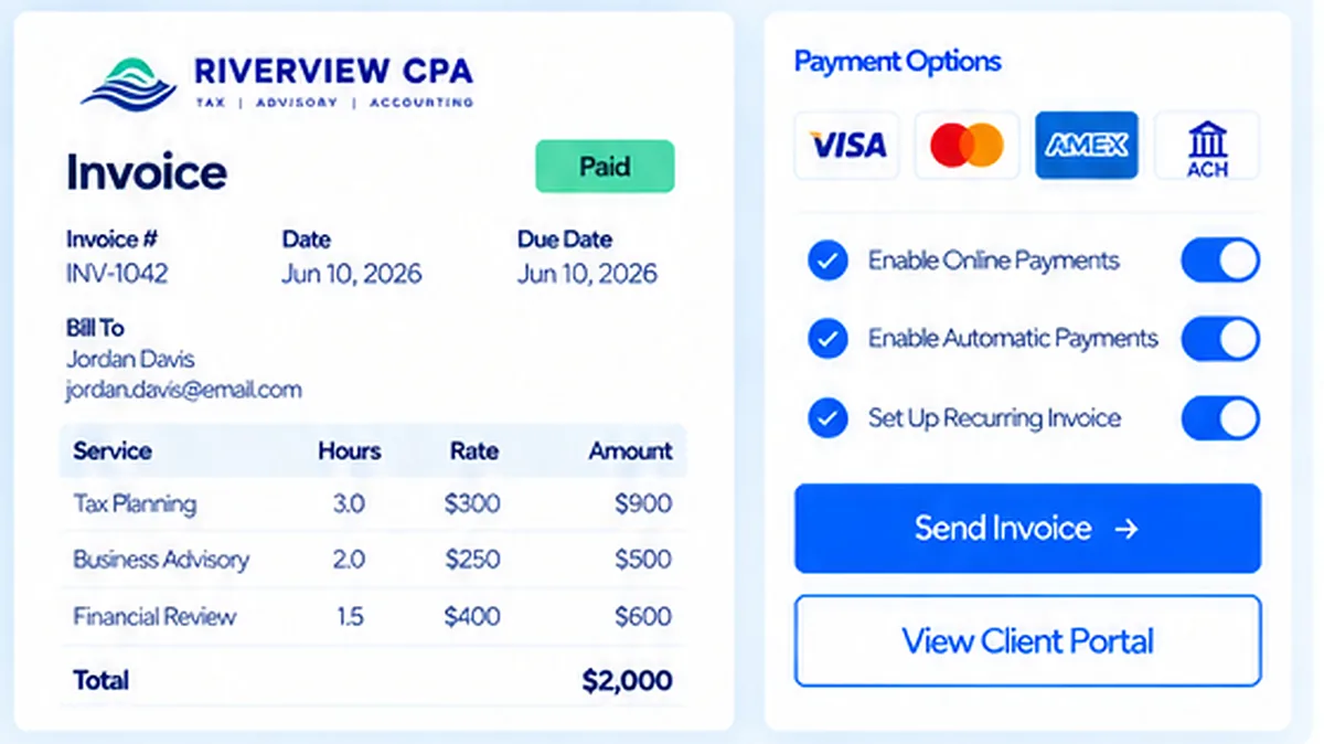 Riverview CPA invoice INV-1042 and payment options