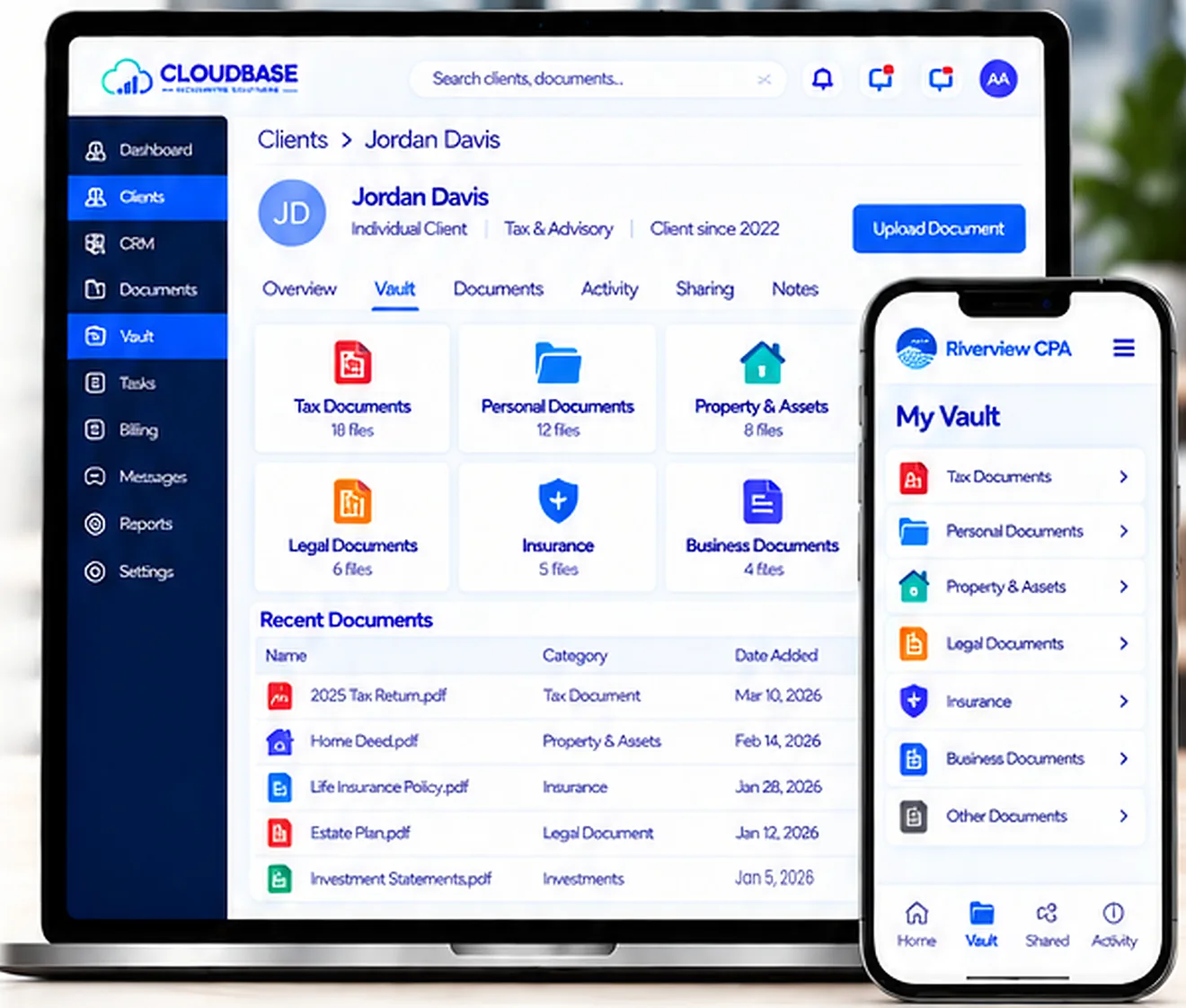 Cloudbase Vault for client Jordan Davis on a laptop and the client's branded vault on a phone