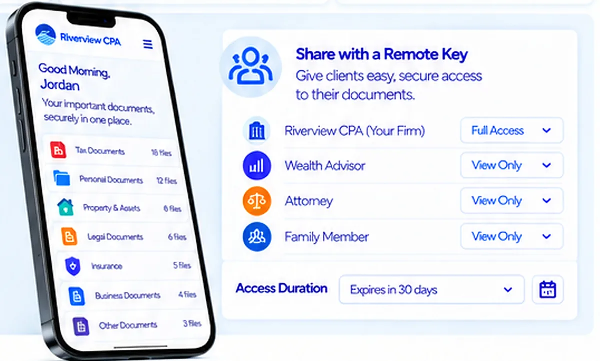 Client vault on a phone and sharing a Remote Key with view-only access that expires in 30 days