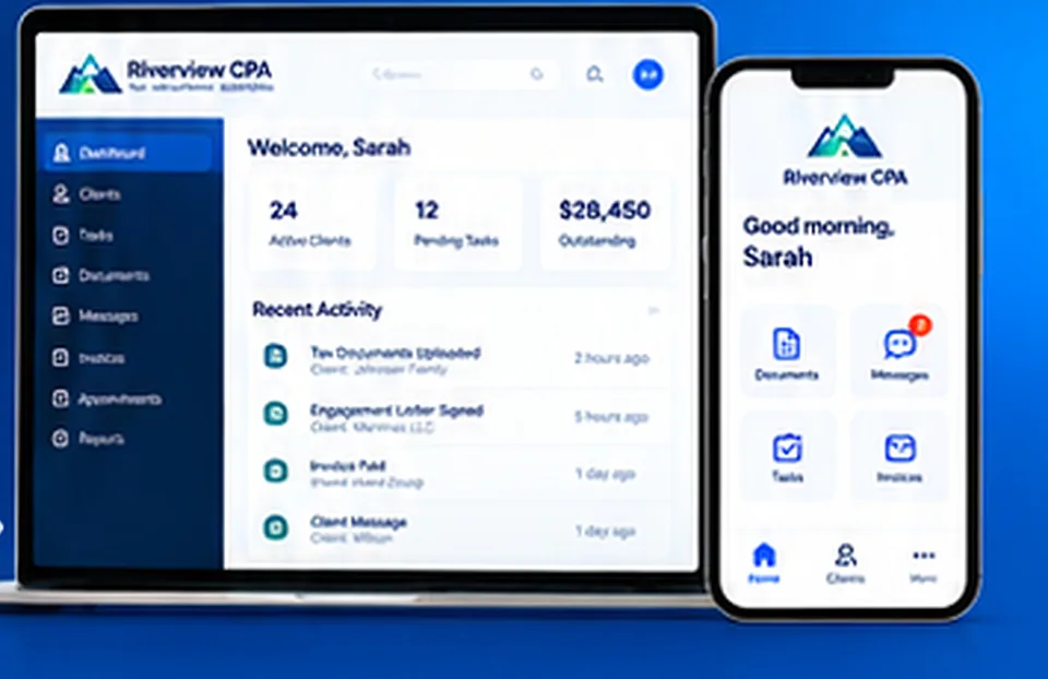 Riverview CPA branded portal on a laptop and phone