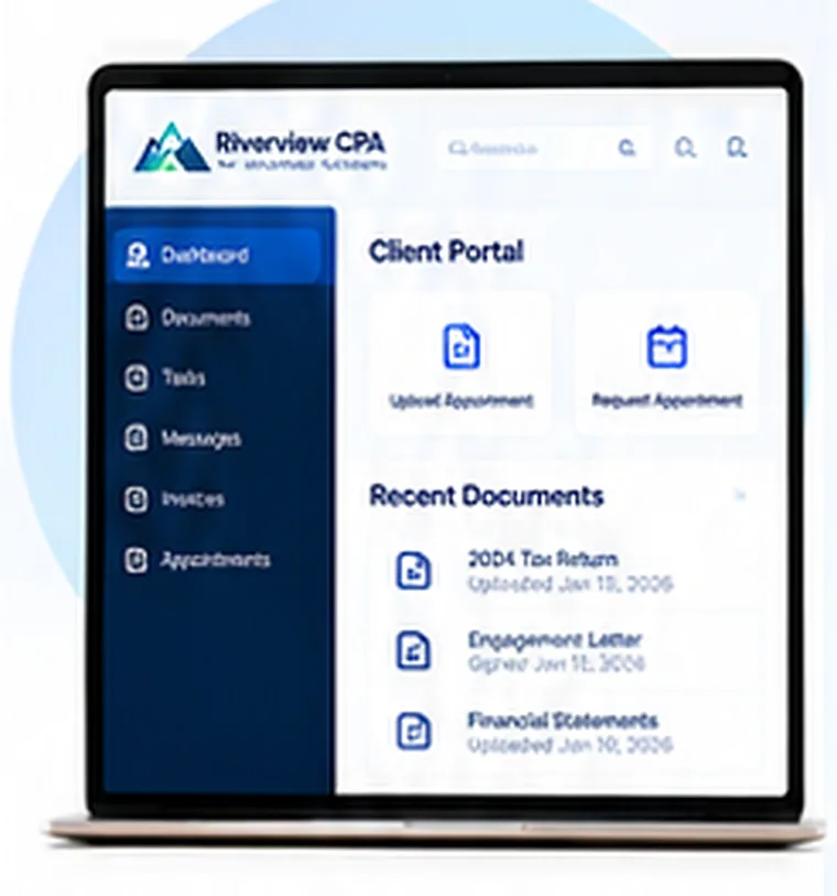 Riverview CPA client portal with recent documents