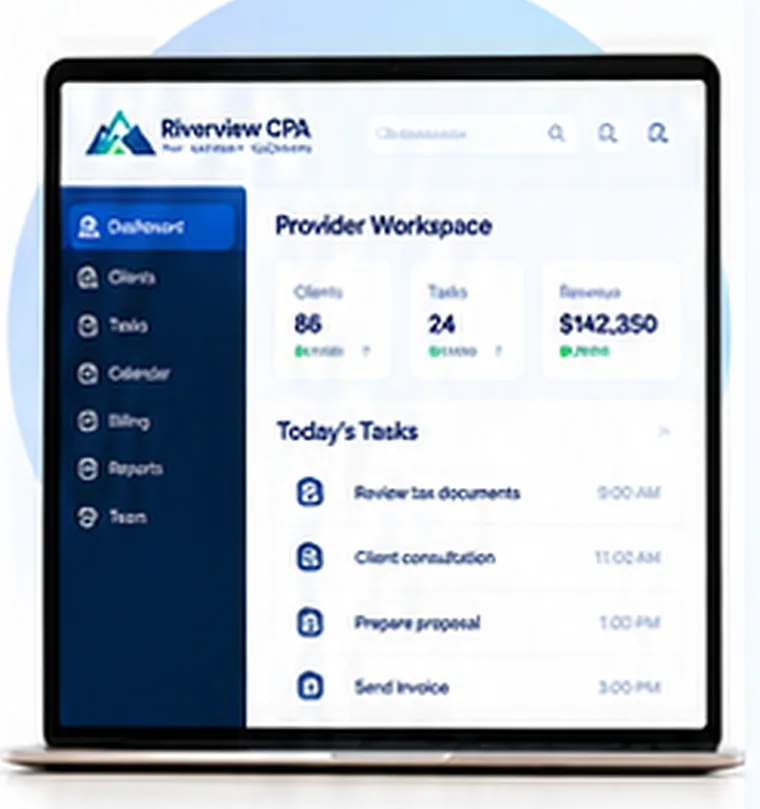 Riverview CPA provider workspace with today’s tasks