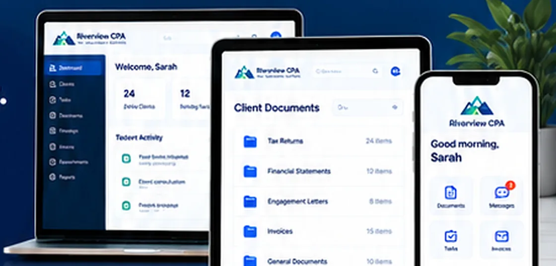 Riverview CPA branded portal on a laptop, tablet and phone